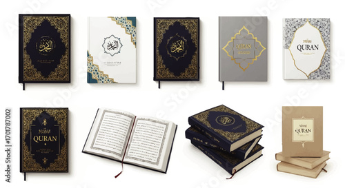A collection of Holy Quran books in various designs, featuring ornate gold calligraphy and Islamic art.