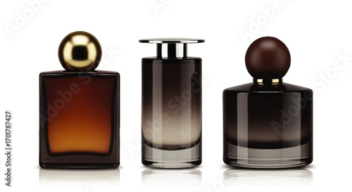 A collection of three elegant glass perfume bottles with gold, silver, and wooden caps.