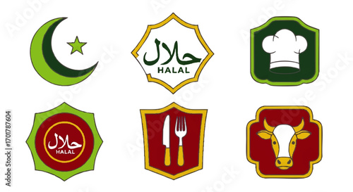 A colorful collection of six illustrated Halal food icons, including certification labels, a crescent moon, a chef's hat, and a cow's head.