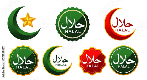 A diverse collection of Halal certification labels and Islamic symbols in green, red, and gold.