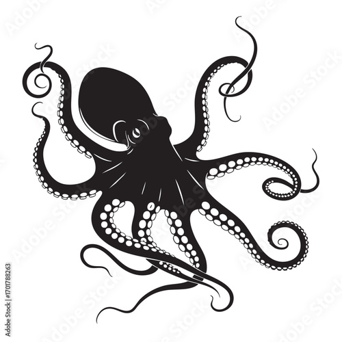 An octopus, a captivating silhouette of the sea creature with its eight arms gracefully swirling, embodying the mystery and allure of marine life in a striking design