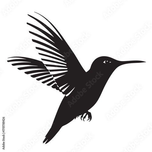 A hummingbird, a tiny jewel of the sky, captured in a graceful silhouette as it hovers midflight, embodying the beauty and agility of this nectarsipping bird