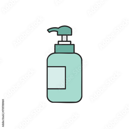 A minimalist flat design illustration of a light green pump bottle, ideal for dispensing liquid soap, lotion, or hand sanitizer, isolated on a clean white background.