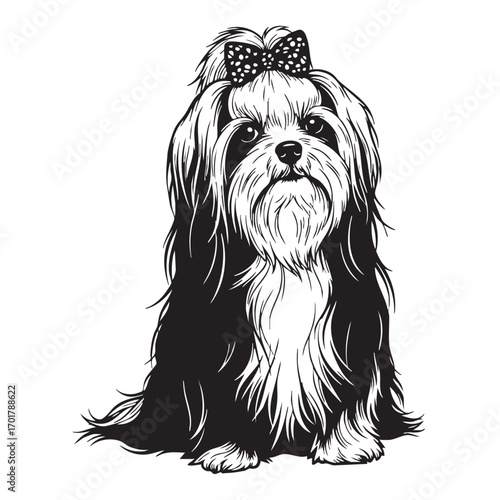 A charming illustration of a shih tzu dog, showcasing its fluffy fur, adorable face, and playful bow, capturing the essence of a beloved pet