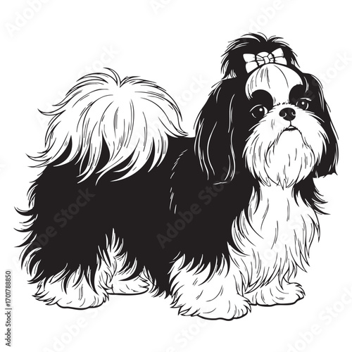 Illustration of a cute shih tzu dog with a bow in its hair, showcasing its fluffy coat and charming expression, perfect for petrelated designs and illustrations