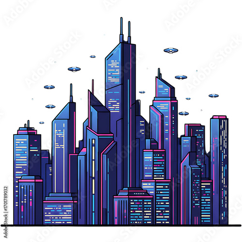 Vibrant cyberpunk metropolis with towering skyscrapers and futuristic flying vehicles against a clean background