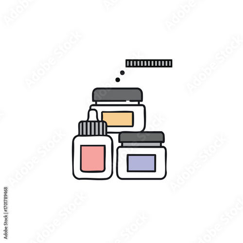 An icon depicting various cosmetic or pharmaceutical products like a dropper bottle and cream jars, symbolizing skincare routines or product development progress.