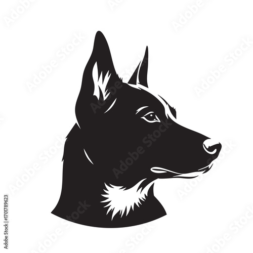 A striking black and white vector illustration of a belgian shepherd dogs head, , showcasing its alert expression and distinctive features in a minimalist style