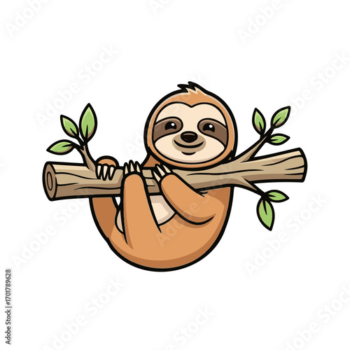 Cute cartoon sloth hanging from a tree branch with a sweet, friendly smile, a slow and relaxed mascot character design for various themes.