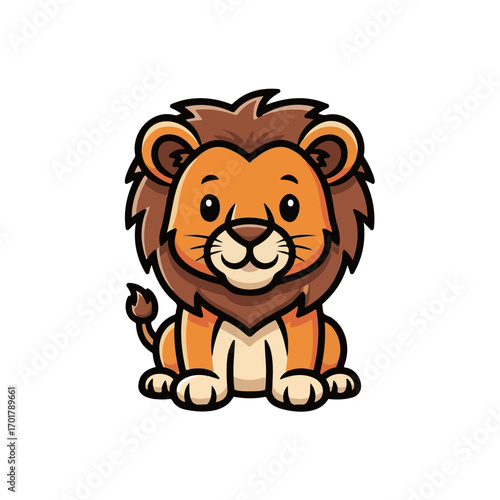 Cute cartoon lion cub with a fluffy mane, sitting and smiling, a friendly and adorable mascot character for kids and animal themes.
