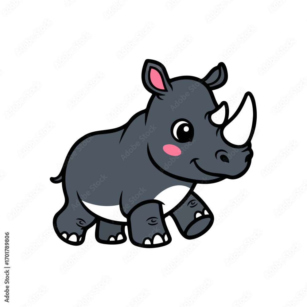 Fototapeta premium Cute baby rhino with a happy smile and pink cheeks, a friendly and adorable vector illustration for wildlife, nature, and animal themes