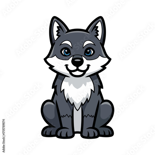 Cute smiling wolf cub sitting and looking forward, a friendly and happy vector illustration for nature, wildlife, and animal themes.
