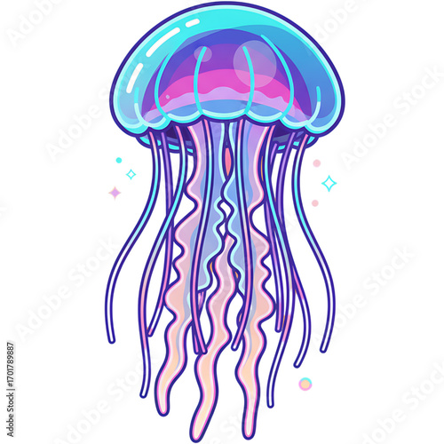 Vibrant cartoon jellyfish illustration with glowing neon colors and magical sparkles. Cute aquatic sea creature design isolated on a white background