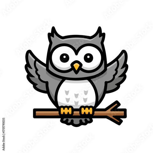 Cute cartoon owl with wide eyes sitting on a branch, a friendly and wise vector illustration for education, wisdom, and nature themes.
