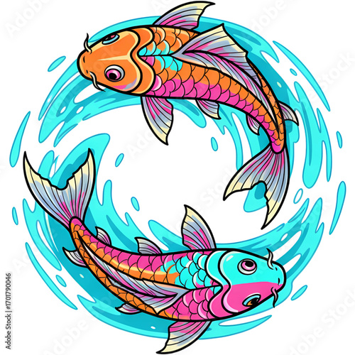 Elegant Koi Fish Swimming in a Circle of Water Illustration
