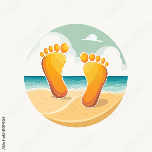 Illustration of Footprints on a Sandy Beach with Ocean and Sky in a Circular Design