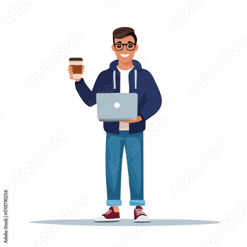 Smiling Male Developer with Laptop and Coffee - AI Generated