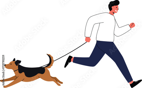 Cartoon, man running, dog pulling, leash tension, energetic pet, outdoor activity, funny moment, playful scene, motion, exercise, character, illustration, stock image, vector art, pet owner