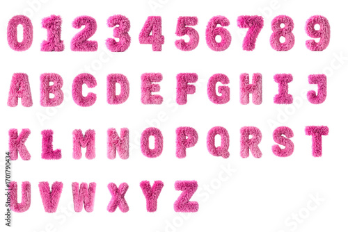 Alphabet Letters & Numbers made of fur. Pink fur vector letters. Isolated.
