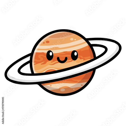 Cute smiling Saturn planet with rings, a cheerful and friendly cartoon illustration for space, astronomy, and science education.