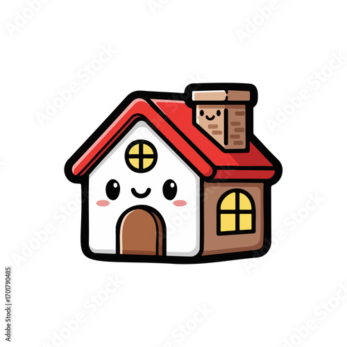 Cute cartoon house with a smiling face and red roof, a charming and friendly vector illustration representing home, comfort, and real estate concepts.