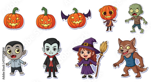 Cute Halloween Cartoon Characters – Vampire, Zombie, Witch, Werewolf and Pumpkin Illustration Set