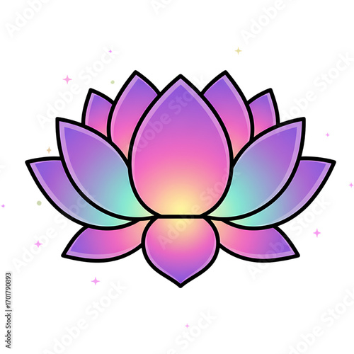 Sacred lotus flower with a vivid purple and turquoise gradient. A sparkling symbol of enlightenment, tranquility, and inner peace