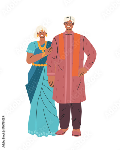 Old indian couple. Senior couple smiling in traditional clothing. Happy married life concept. Vector hand drawn illustration isolated on white background