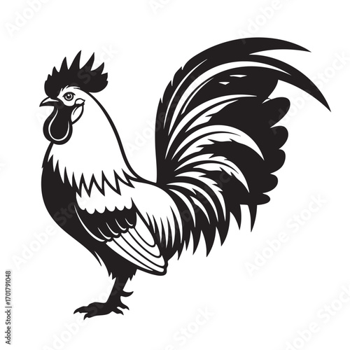 Illustration of a majestic rooster, standing tall with its vibrant plumage and proud demeanor, , showcasing the beauty and strength of this iconic farm animal