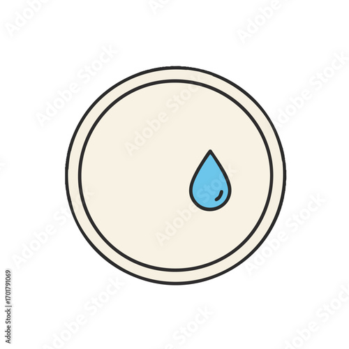A minimalist icon depicting a single blue water droplet elegantly positioned within a light-colored circular frame, symbolizing purity and hydration.
