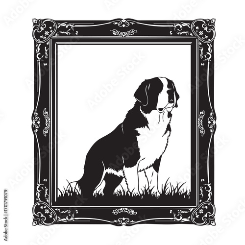 Bernese mountain dog portrait in an ornate frame, showcasing its loyal and gentle nature, , a timeless depiction of a beloved breed