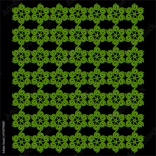 Luminous lime-green spirals weave into endless chains, glowing across the dark void. Each curl radiates rhythm, balance, and mesmerizing repetition in geometric symmetry.