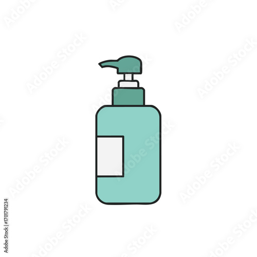 A clean, minimalist vector illustration showcases a light blue pump bottle with a white label, perfect for representing liquid soap, shampoo, or lotion in design.