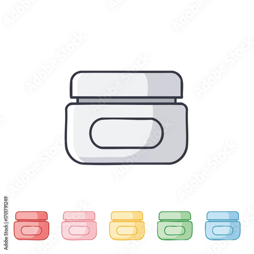 A clean, minimalist vector icon set featuring various colorful cosmetic cream jars, perfect for modern web design, branding, and personal care product illustrations.