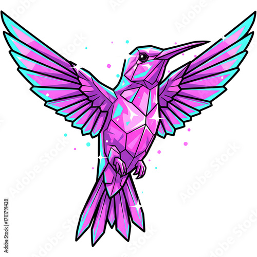 Vibrant polygonal hummingbird illustration with sparkling crystalline facets in neon pink and blue, symbolizing nature's jewel