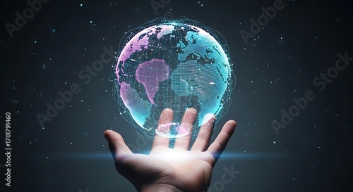 Global innovation unfolds as digital earth hovers above an open hand, symbolizing technology's reach