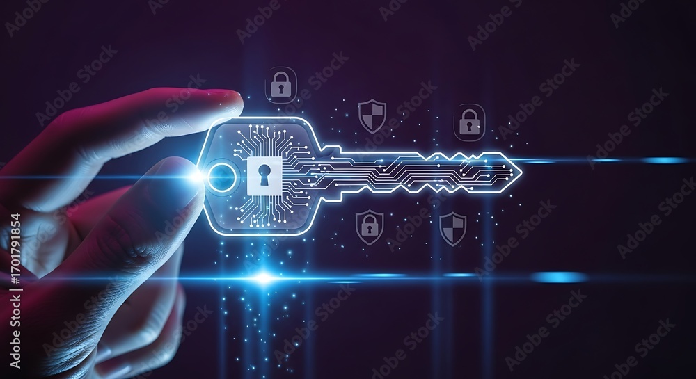 © prodesigner - Unlock digital security with glowing cyber key and futuristic circuit board technology © prodesigner - Unlock digital security with glowing cyber key and futuristic circuit board technology