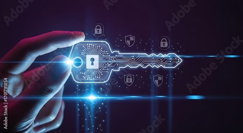 Unlock digital security with glowing cyber key and futuristic circuit board technology