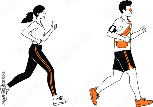 Running people illustration, fitness lifestyle vector, cartoon joggers with smartphones, active wear design, modern workout accessories, outdoor exercise clipart, sporty characters