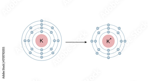 Potassium ion. Cation Structure, positively charged ion. Scientific Design. Vector Illustration.	