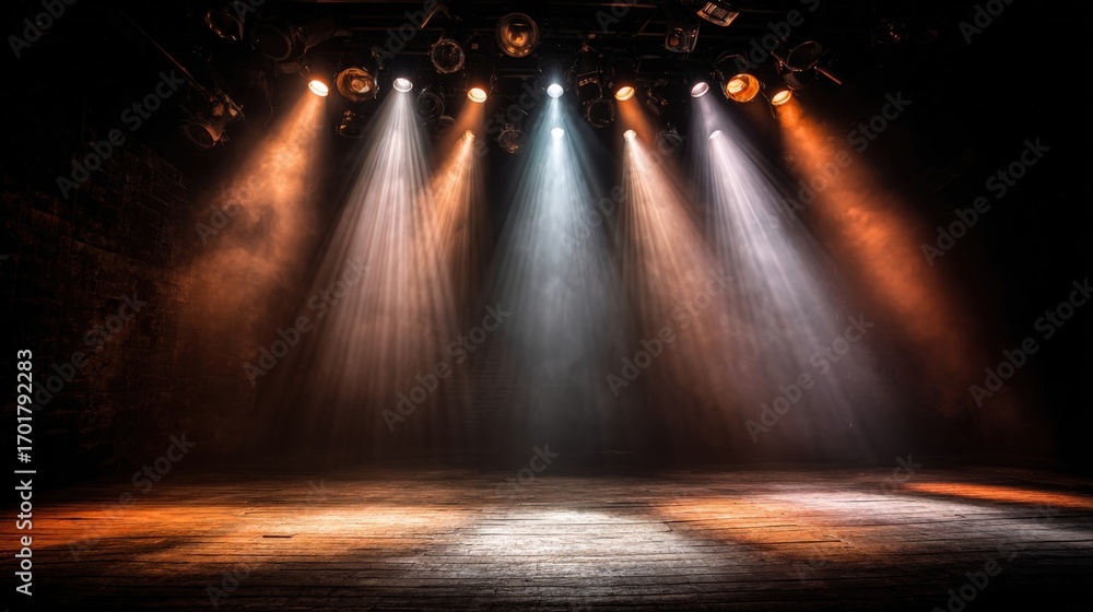 Fototapeta premium Stage Illumination with Dramatic Lighting Effects and Atmospheric Haze, Suitable for Performance Backdrops