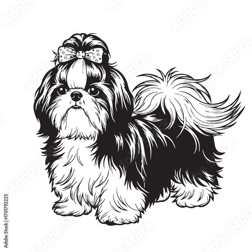 A charming black and white illustration showcases a shih tzu with a bow, its fluffy fur meticulously detailed, , capturing the breeds endearing features and playful spirit