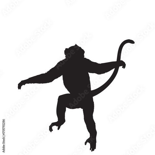 A striking black silhouette of a monkey in midmotion, its tail curved gracefully, , conveying a sense of agility and freedom in this minimalist design