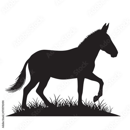 Elegant silhouette of a mule standing gracefully on grass, , capturing its strength and beauty in a simple yet striking design