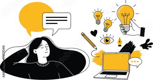 Creative Woman with Ideas and Laptop Illustration