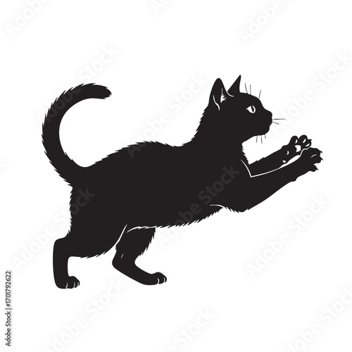 Silhouette of a black cat reaching out with its paws, this vector image showcases the feline in a simple yet striking design