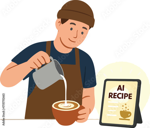 Barista using an AI recipe card to craft a latte art pattern cup with small art overlay Illustration
