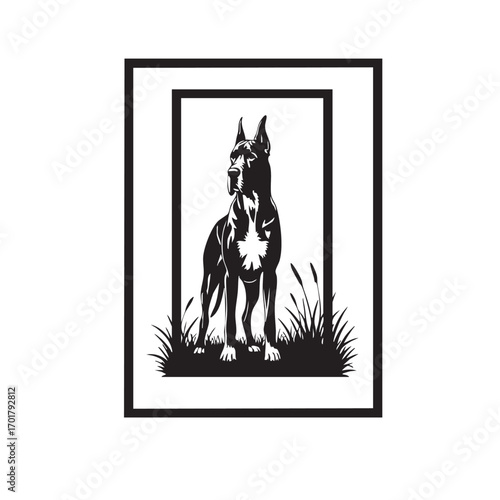A captivating black and white illustration of a great dane standing proudly amidst tall grass, , rendered in a striking stencil style, perfect for graphic design