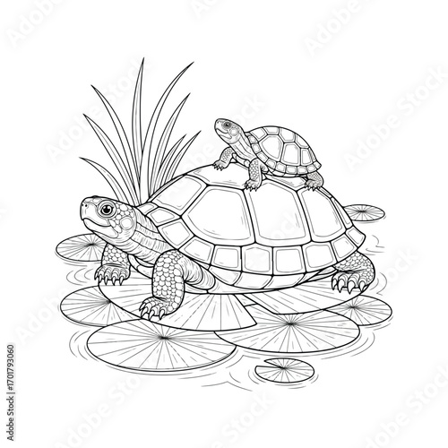Detailed black and white illustration of two turtles, a large one and a small one, on lily pads.