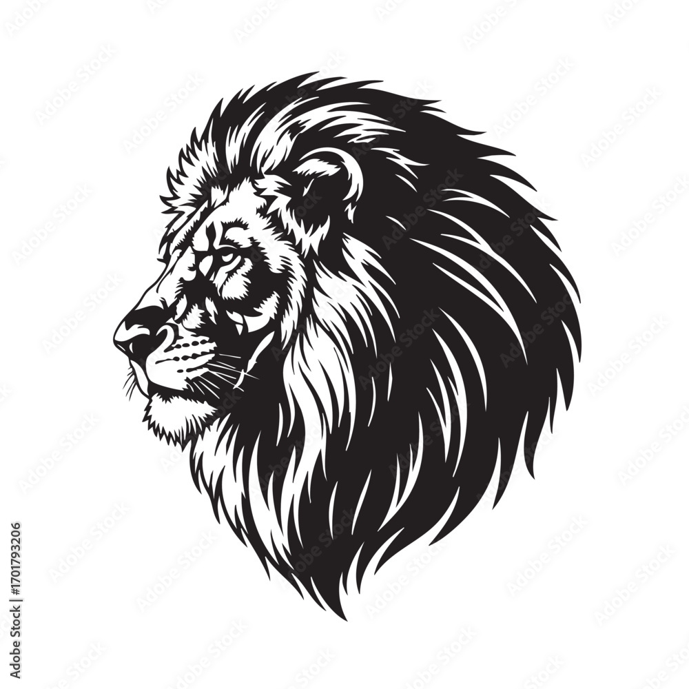 Fototapeta premium Majestic lion head illustration, showcasing intricate details of its mane and facial features, capturing the essence of strength and royalty in a striking design
